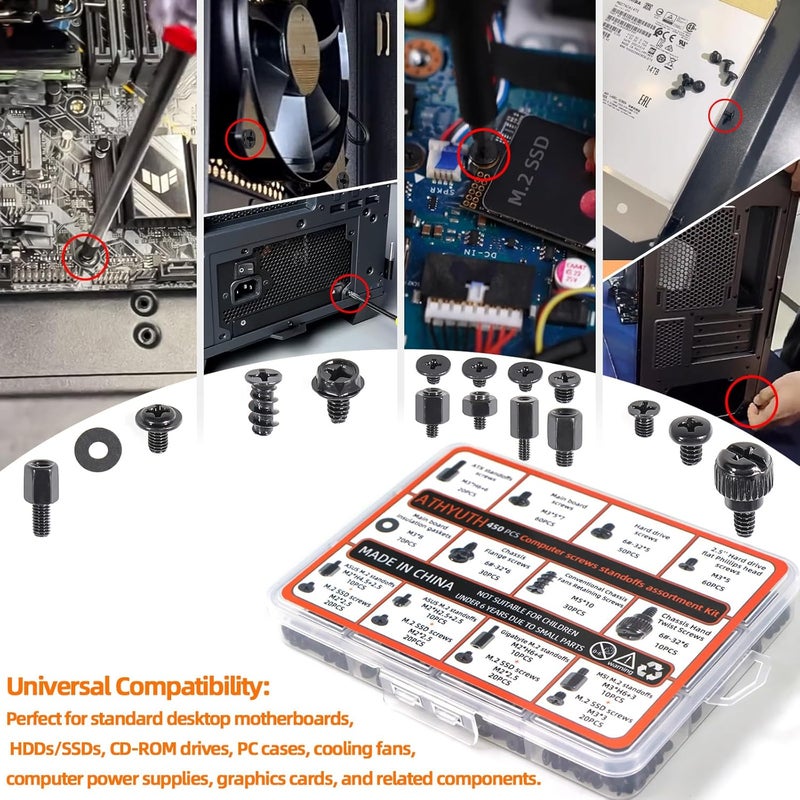 ATHYUTH Store 450-Piece Computer Screw Kit for PC Building and Repairing - Includes M.2 SSD Mounting Screws, Motherboard Standoff Screw, PC Case, SSD, HDD & Fan Screws | All-in-One Repair Kit - Image 4